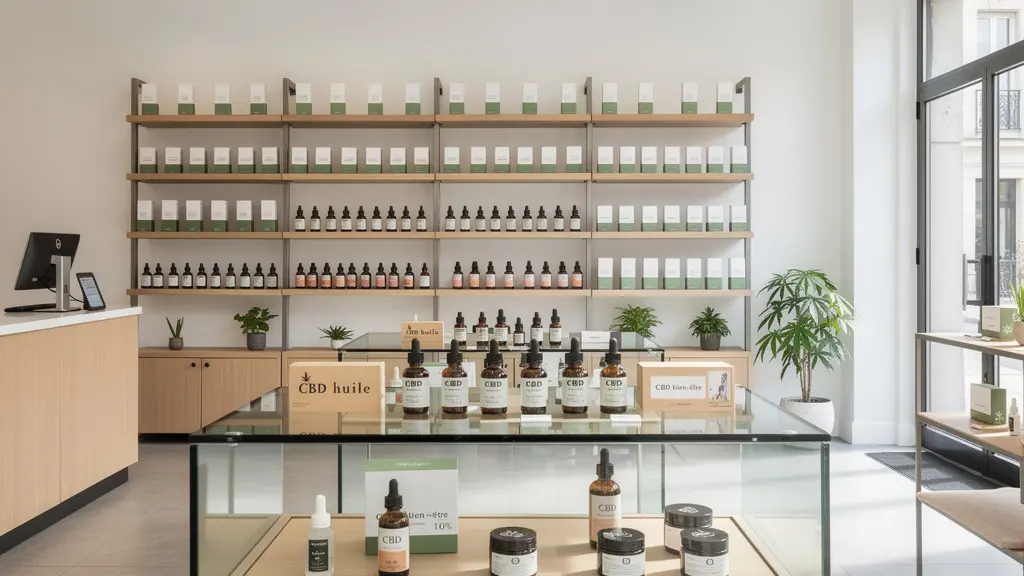 Intérieur boutique CBD avec présentoirs produits organisés