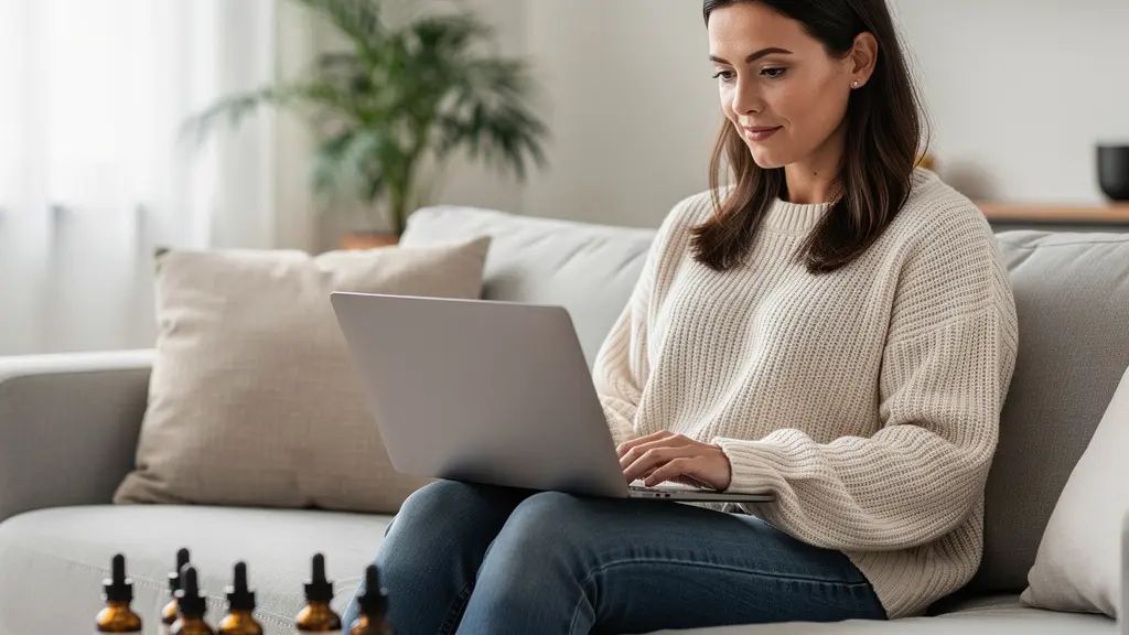 Consommatrice analysant un site CBD en ligne avec produits huile CBD sur table