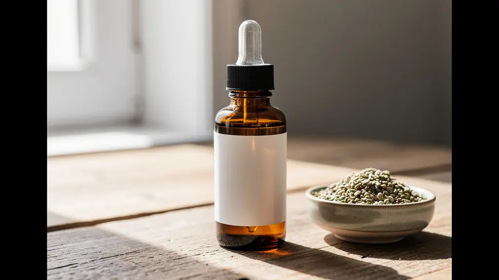 Huile CBD avec pipette sur surface bois naturel